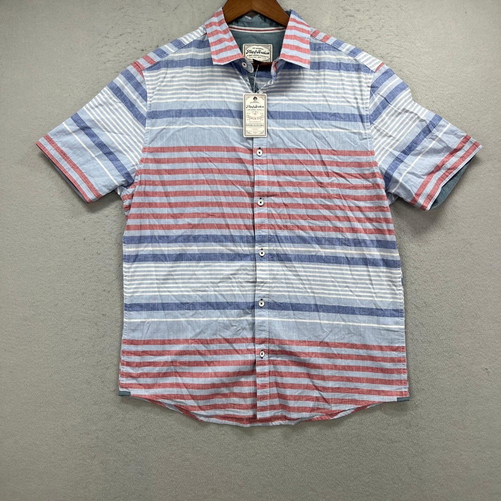 Flag & Anthem Shirt Mens Medium Red Blue Stripe Short Sleeve Button Up Preppy